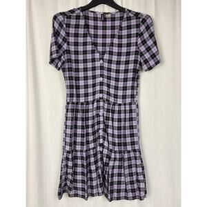 H&M Divided Women’s Purple Black Plaid V Neck Short Sleeve Fit & Flare Dress XXS